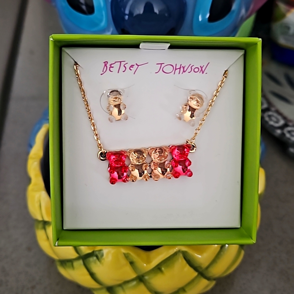 Betsey Johnson Gummy Bear Necklace and earrings set pink and gold